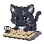 A stylized black cat with large, expressive eyes and a white chest patch sits at a beige computer keyboard, with its paws near the keys and a small black and white mouse to the left.