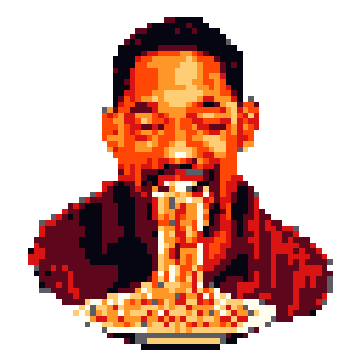 Will Smith eating spaghetti, mid-bite with a joyful smile, against a grey background.
