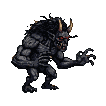 A dark-skinned, hulking creature with sharp claws, glowing red eyes, and prominent horns runs with a hunched posture and outstretched arms.