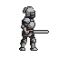 Knight in segmented armor swinging sword forward in a dynamic attack.