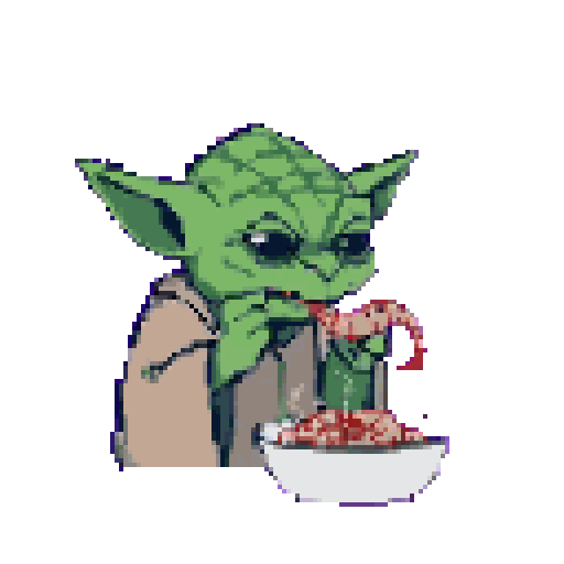 Yoda, the Jedi Master, eating noodles with shrimp.