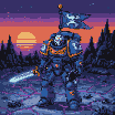 Space marine in blue power armor with gold accents and skull insignia, holding a glowing ethereal sword. A tattered blue banner with a white skull and crossbones flutters from their backpack. They stand against a retro-futuristic sunset over a rocky landscape.
