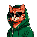 Anthropomorphic cat wearing a dark green hooded sweatshirt and black sunglasses, head and shoulders portrait against a dark gray background.