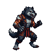 Anthropomorphic wolf warrior in tattered orange armor and red loincloth mid-kick, snarling with bared fangs and glowing red eyes.