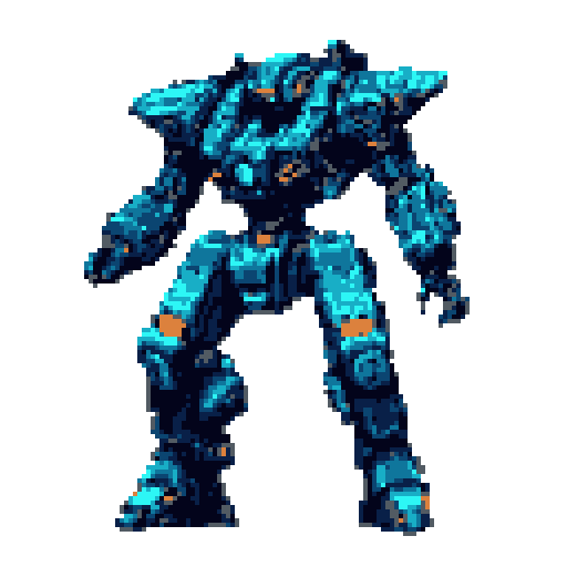 Blue and orange robotic humanoid mech with a wide stance on a solid gray background.