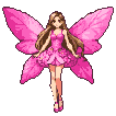 A pixie with long brown hair, wearing a pink rose-patterned dress and butterfly wings, dances gracefully.