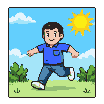 A pixelated man in a blue polo shirt and jeans running happily across a sunny field, then stumbling.
