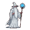 White-robed wizard with a long beard and pointed hat, holding a glowing orb atop his staff, transforming into a sheep.