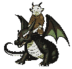 A pale-skinned goblin in a brown tunic rides a black dragon with white teeth bared and glowing white eyes.