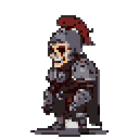 A skeletal knight standing in profile, facing left. The knight wears armor and a helmet with a dark red plume, and a dark cloak hangs down its back. The background is a solid muted gray-purple.