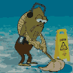 An anthropomorphic fish in headphones and work clothes mopping a wet floor next to a yellow caution sign.