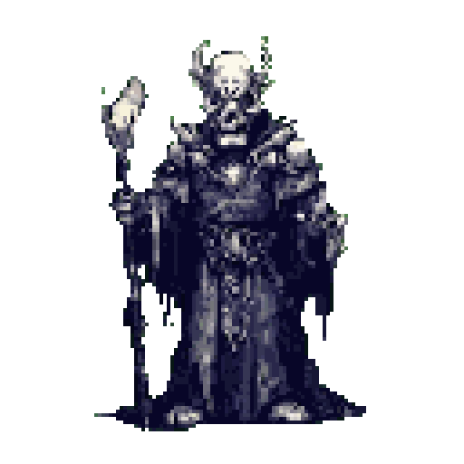 A skeletal figure in elaborate armor stands imposingly, holding a staff in its left hand and gesturing with its right. The background is dark green.