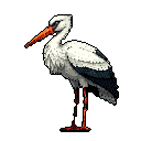 A pixel art stork standing upright, facing left, with white body, dark blue-black wing and tail feathers, and bright orange-red beak and legs.