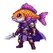 Humanoid knight with a vibrant orange and purple goldfish head, wearing ornate dark purple armor with gold accents and a flowing purple cape, holding a sword defensively.