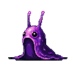 Amorphous slug-like creature with large black eyes and upward-curving antennae, rendered in vibrant purple and pink with a glistening texture, against a black background.