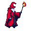 Red-robed archmage with a long white beard, staff topped with a pulsing flame, preparing to cast a fire spell.