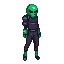 A solitary, green-skinned alien in dark, segmented armor stands with large, dark eyes fixed forward.