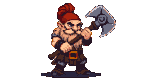Fierce dwarf with red topknot in rugged armor attacks with a blurred axe.