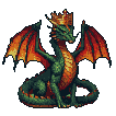Emerald-scaled dragon with a golden crown, wings unfurled with fiery orange and red hues, surveying its domain.