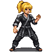 Young woman in black karate gi, blonde ponytail, in a fighting stance, fists clenched, focused expression.