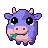 A plump, purple alien cow with large black eyes and small pink horns eats green grass.