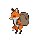 A small, orange pixel art fox with white accents stands in profile facing left, wearing a brown backpack.