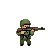 Pixelated soldier in green uniform and helmet, brandishing a rifle in combat stances: ready, aiming, firing with muzzle flash, and prone.