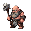 Grizzled dwarf with a skull-topped staff raised for a powerful strike.