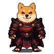 A Shiba Inu in ornate dark red and gold armor, with glowing red eyes and a smirk, stands stoically.