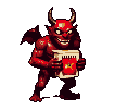 A red demon with sharp horns and glowing white eyes offers a carton of tomato juice with a devilish grin.