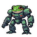A bright green speckled frog piloting a green and gray robotic mech suit with red accents. The mech has gun-like appendages and is standing in a forward-leaning pose against a muted orange background.
