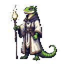 A humanoid gecko wizard stands holding a glowing staff, wearing a purple-hooded robe with gold trim against a dark purple background.