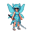Ethereal pixie with translucent wings, blue tattered dress, and dark sunglasses, holding a katana sword.