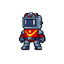 A gray, segmented robot with a television-screen head, red suit, and gold star emblem stands centered against a light blue-gray background.