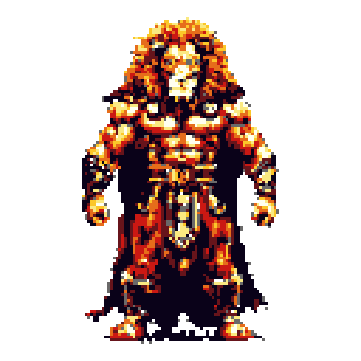 A muscular warrior with a fiery mane and armor, depicted in shades of orange, yellow, and dark brown.