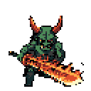 A large, monstrous humanoid creature with dark green and gray skin, fangs, and intense eyes, aggressively wielding a massive flaming sword.
