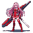 Anime-style female character with long pink hair, holding two large futuristic weapons, ready for battle.