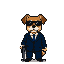 Dapper canine agent in a suit and sunglasses fires a pistol with muzzle flash.