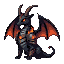 A small, dark dragon with vibrant orange wings stands alert, its body a mosaic of grays and blacks with glowing orange embers beneath its chest.