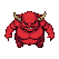 Stout crimson demon with horns and a menacing grin, striding south.