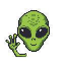 Lime green alien head with large black almond-shaped eyes and a small smile, set against a white background. A three-fingered lime green hand emerges from the bottom left.