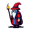 Elderly wizard with a long white beard conjures a small, flickering flame in his outstretched hand.