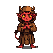 Fiery red devil monk with brown robes and horned cap, performing a dynamic fighting combo with glowing eyes and clenched fists.