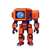 Orange robot with a screen displaying a blue orb, adjusting its arms.