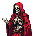 Skeletal figure in a flowing red hooded robe, with a raised boney hand, chest-up portrait against a black background.