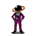 Anthropomorphic character with a Saturn-like planet head and a vibrant orange ring, wearing a purple business suit.
