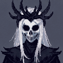 A skeletal mask with empty eye sockets and prominent teeth, topped by a dark, pointed crown and framed by long, flowing white hair.