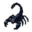 A dark, pixelated scorpion lunges forward with its tail raised, sharp pincers extended.