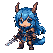 Warrior with blue hair and feline ears in a dynamic fighting stance, holding a sword.