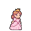 Pixel art princess in a pink gown and golden crown, with peach ponytail and rosy cheeks, waving.